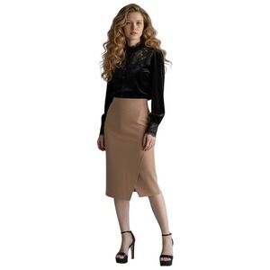 Kendall + Kylie Overlap Pencil Knit Skirt High Waist Midi Tan Chic Career Small